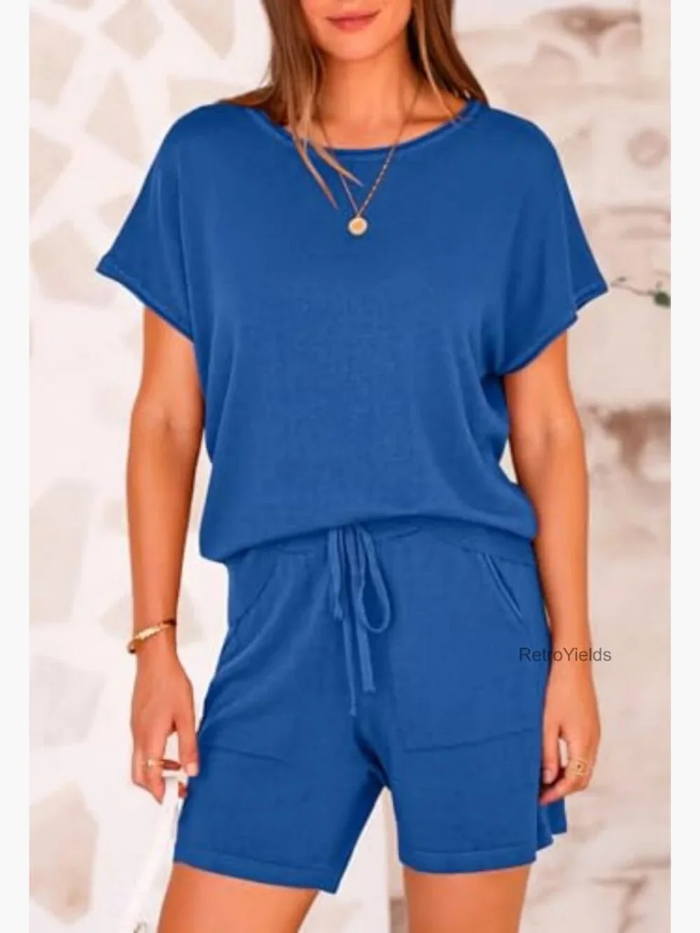 Two Piece Lounge Set Shorts Short Sleeve Top Knitted Matching Travel Vacation